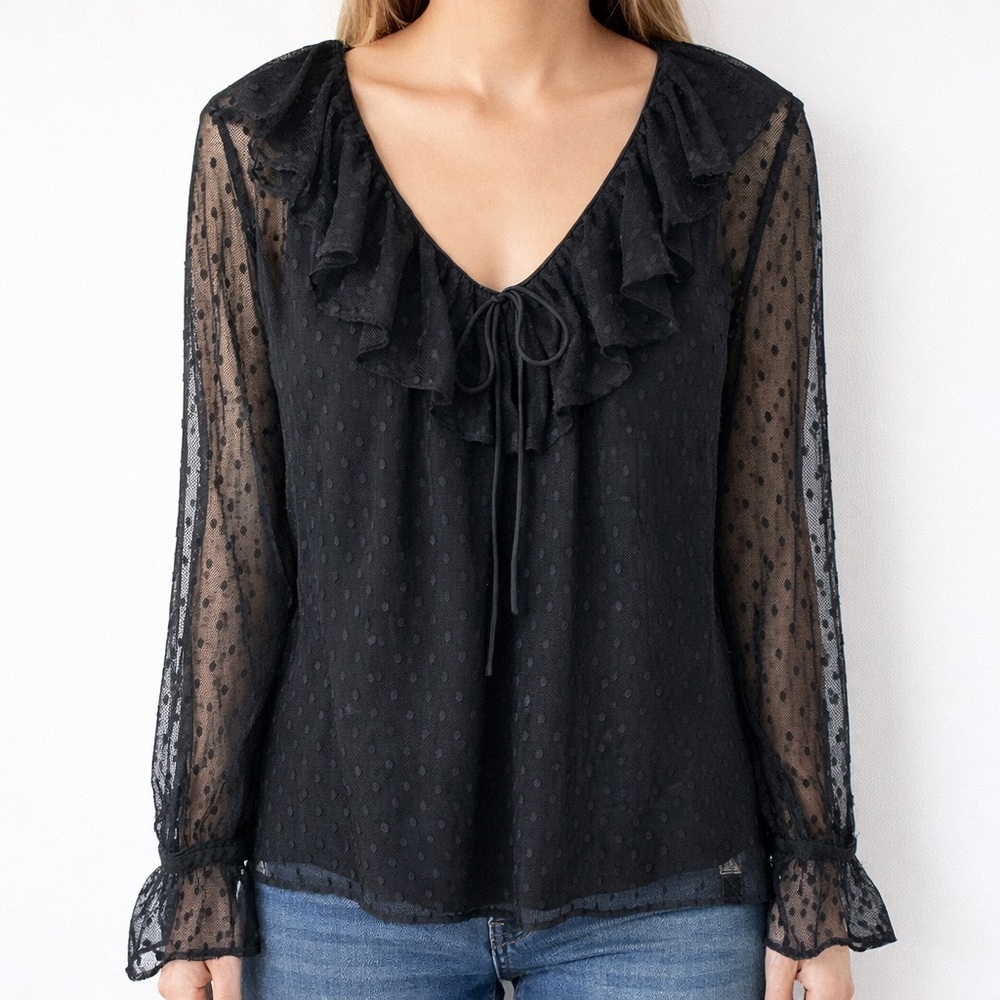 J.Crew Black Swiss Dot Lace Blouse XS Sheer Ruffle Tie Neck Boho Top